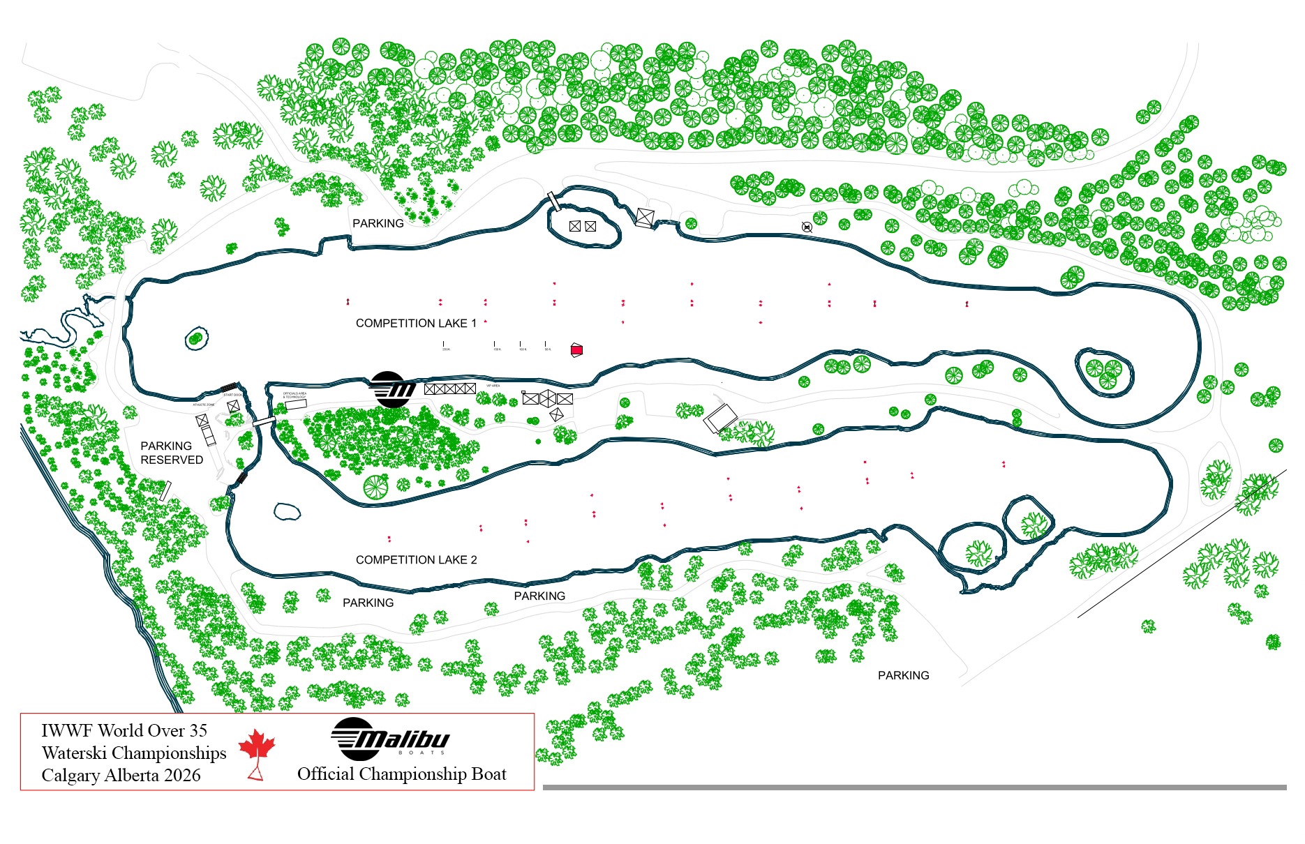 Predator Bay venue map showing Competition Lake 1, Competition Lake 2, reserved parking, public parking and the main event area.